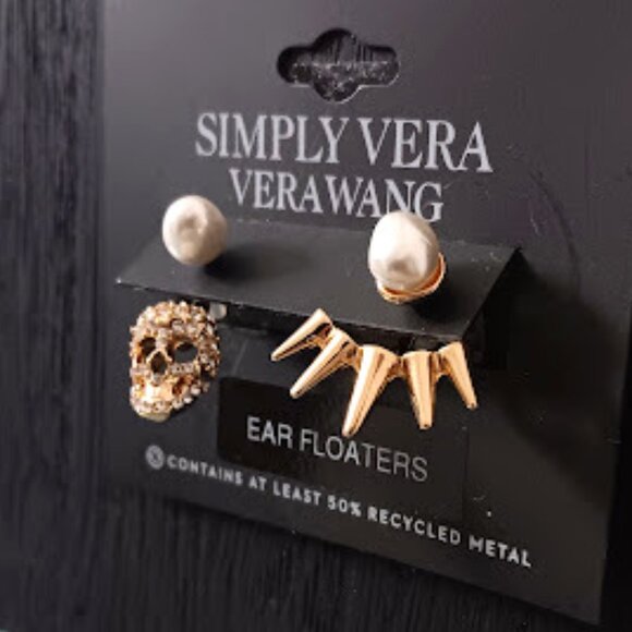 VERA WANG Goth Halloween Gold Skull Head Spikes White Pearl Front Back Earrings - Picture 4 of 4